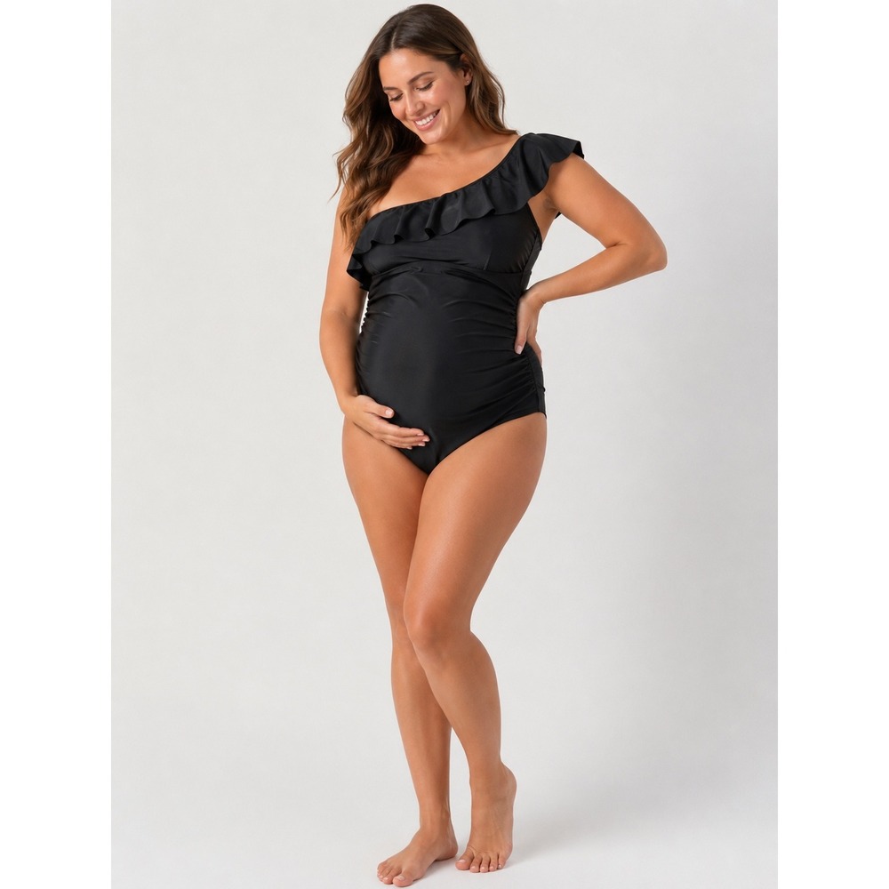 Motherhood Maternity Black One Shoulder Ruffle Swimsuit Large Ruched